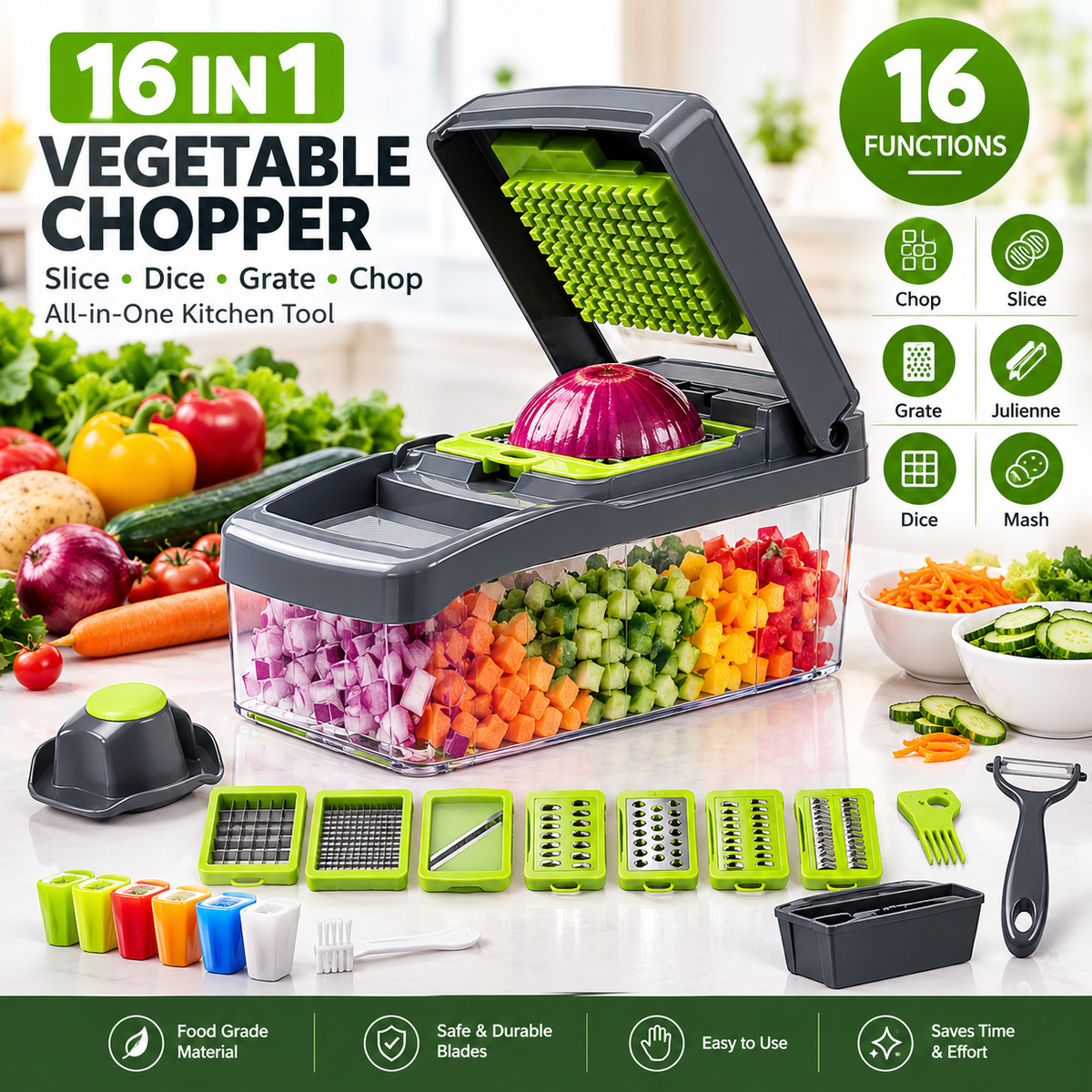 16-in-1 Vegetable Chopper β Manual Food Slicer, Dicer & Grater