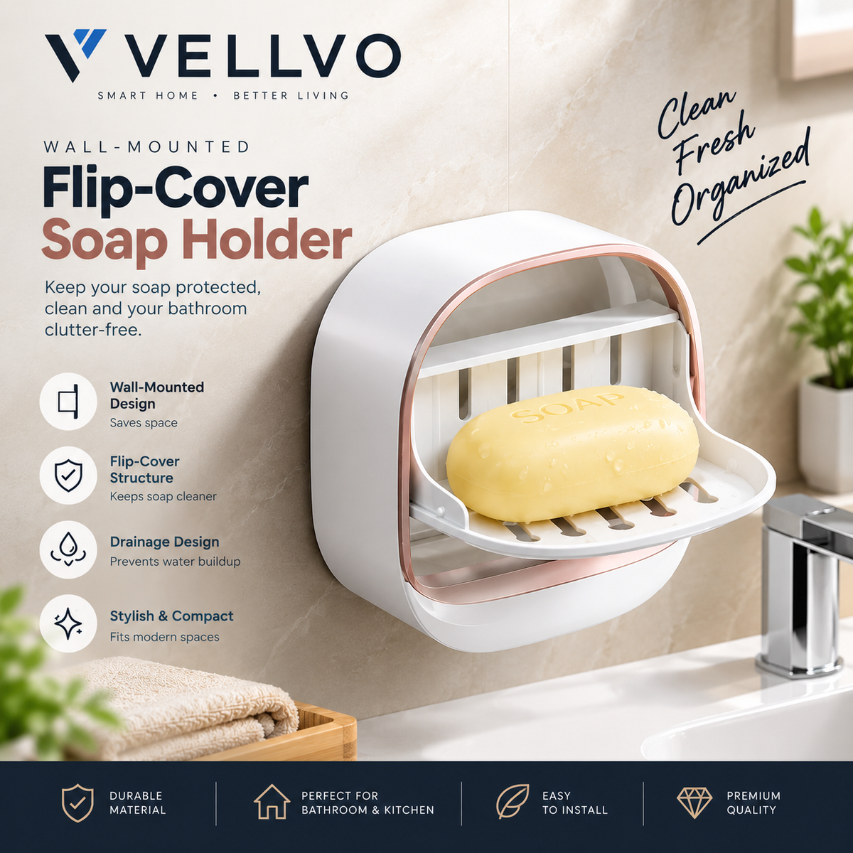 Wall-Mounted Soap Holder β Flip-Cover Bathroom Soap Dish